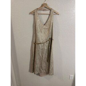 Y David’s Bridal Champagne & Gold V Neck Halter  Bridesmaid Dress
